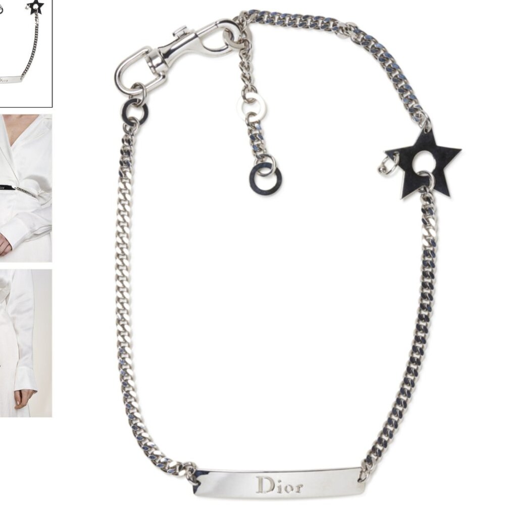 DIOR DIOR DIOR DIOR NAME PLATE SILVER CHAIN ADJUSTABLE BELT W/ STAR DETAILS NWOT